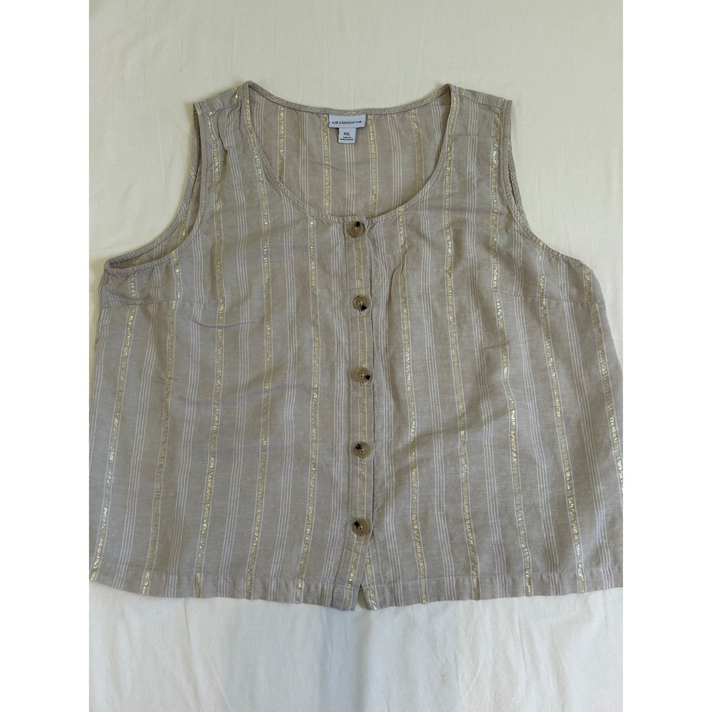 Liz Claiborne XXL Linen Blend Striped Button Front Tank Top Metallic Gold Tan